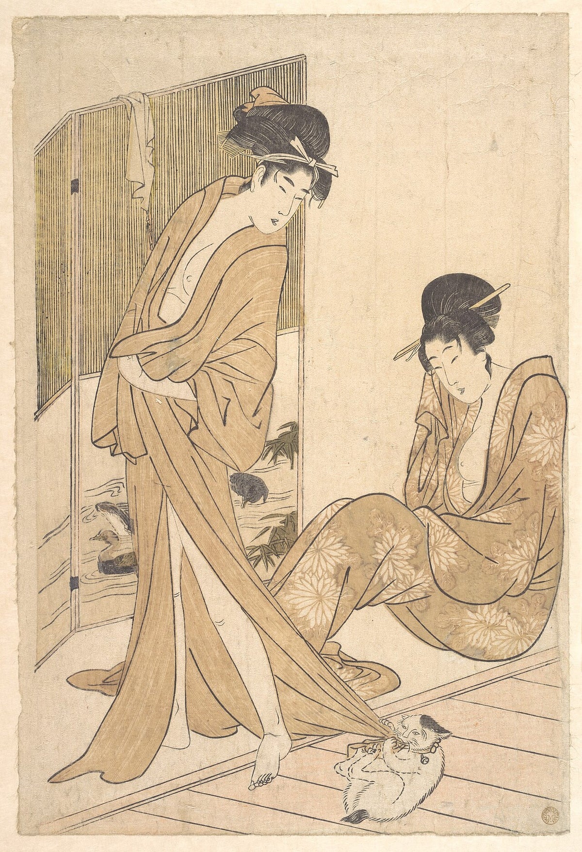 Japanese woodblock print of a woman stepping out of the bath