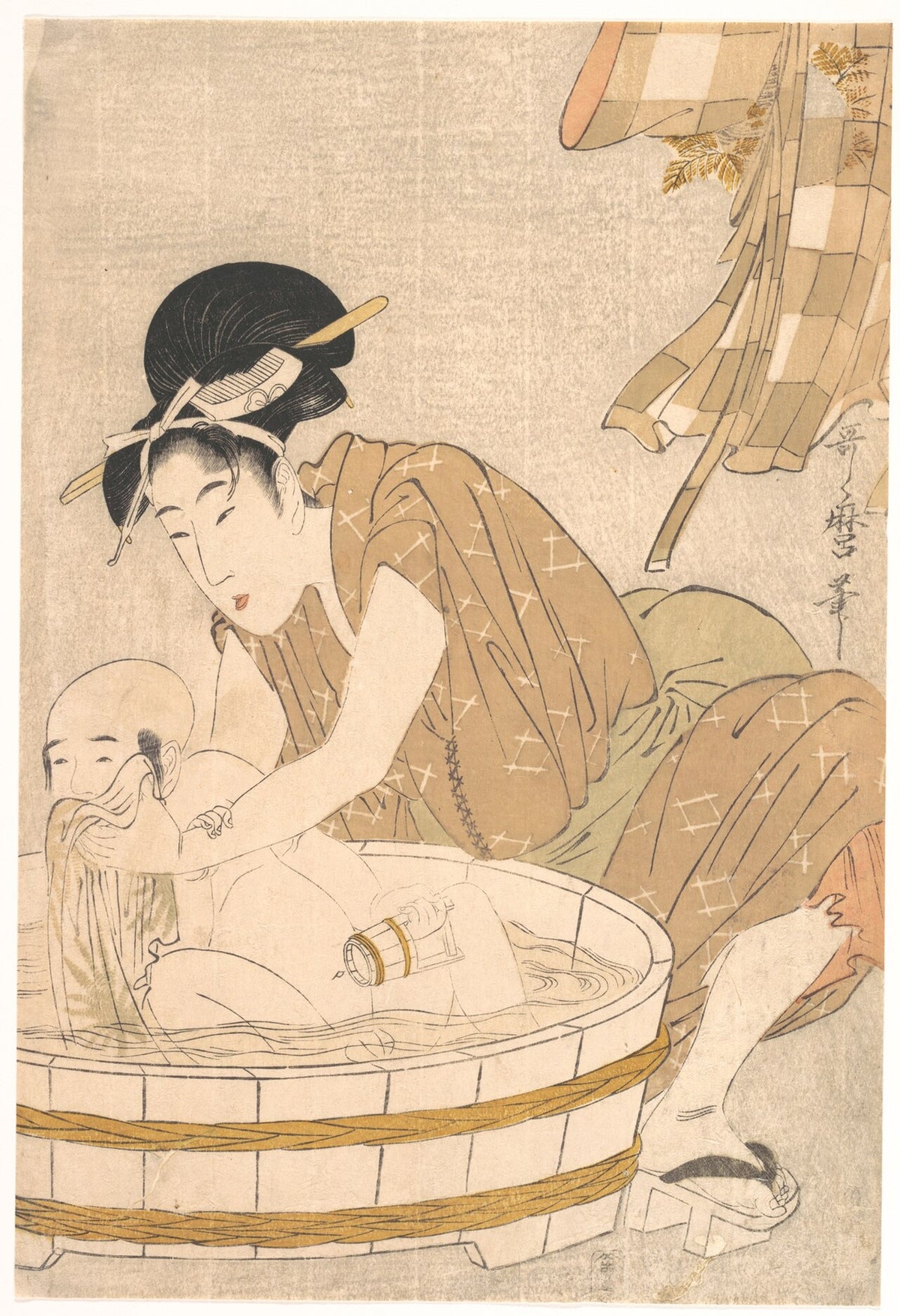 Japanese woodblock print of a mother bathing her child in a wooden tub