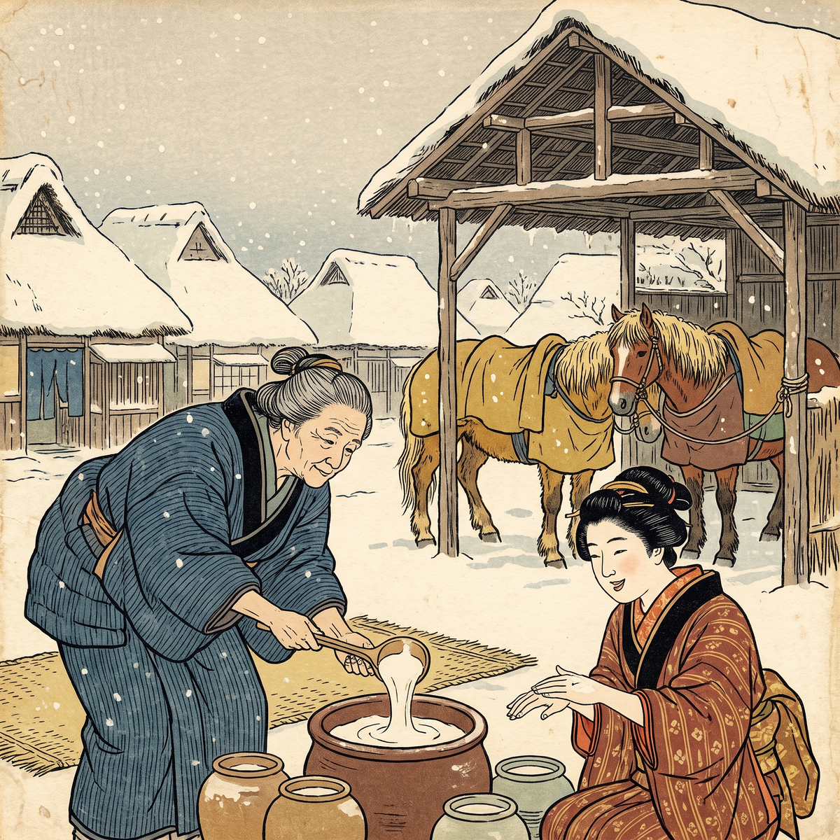 Ukiyo-e style illustration of women in a snowy village sharing a pot of balm