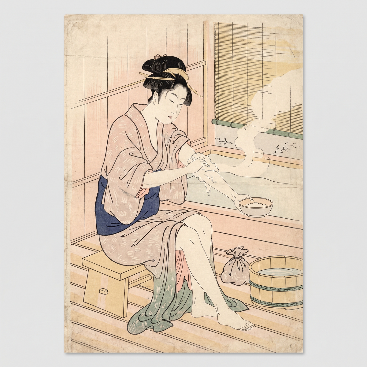 Ukiyo-e style illustration of a woman gently washing her arm with foam in her bare hands