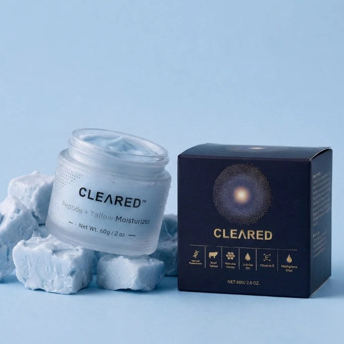 CLEARED jar and navy box on pale blue with tallow blocks